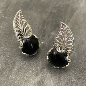 Vintage Black Silver Filigree Clip On Earrings